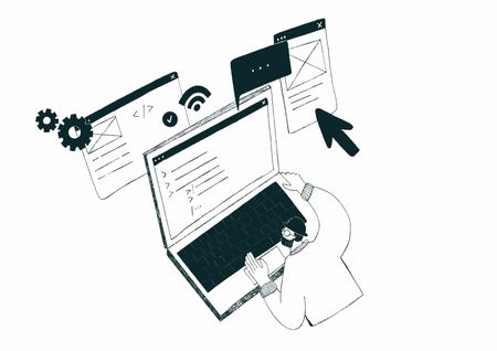 Illustration with an illustrated person at a laptop working on a website.