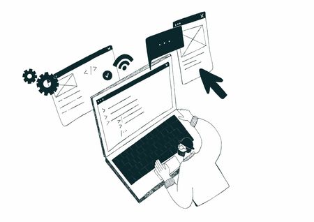 Webdesign von Studio Leeflang Darstellung mit einem illustrierten Menschen an einem Laptop, der an einer Webseite arbeitet.